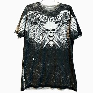 VTG Y2K Affliction Reversible T-Shirt Size Large Black Gray Skulls Cross AOP